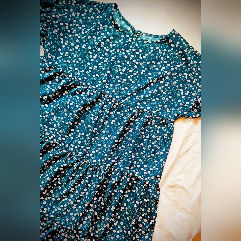Unbranded Womens Teal Blue & White Floral Short Trapeze Dress Size Small - Picture 2 of 12
